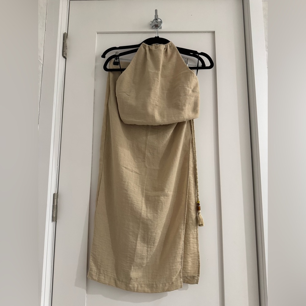 H&M Neutral Linen Matching Set Halter Crop Top + Midi Wrap Skirt Beige